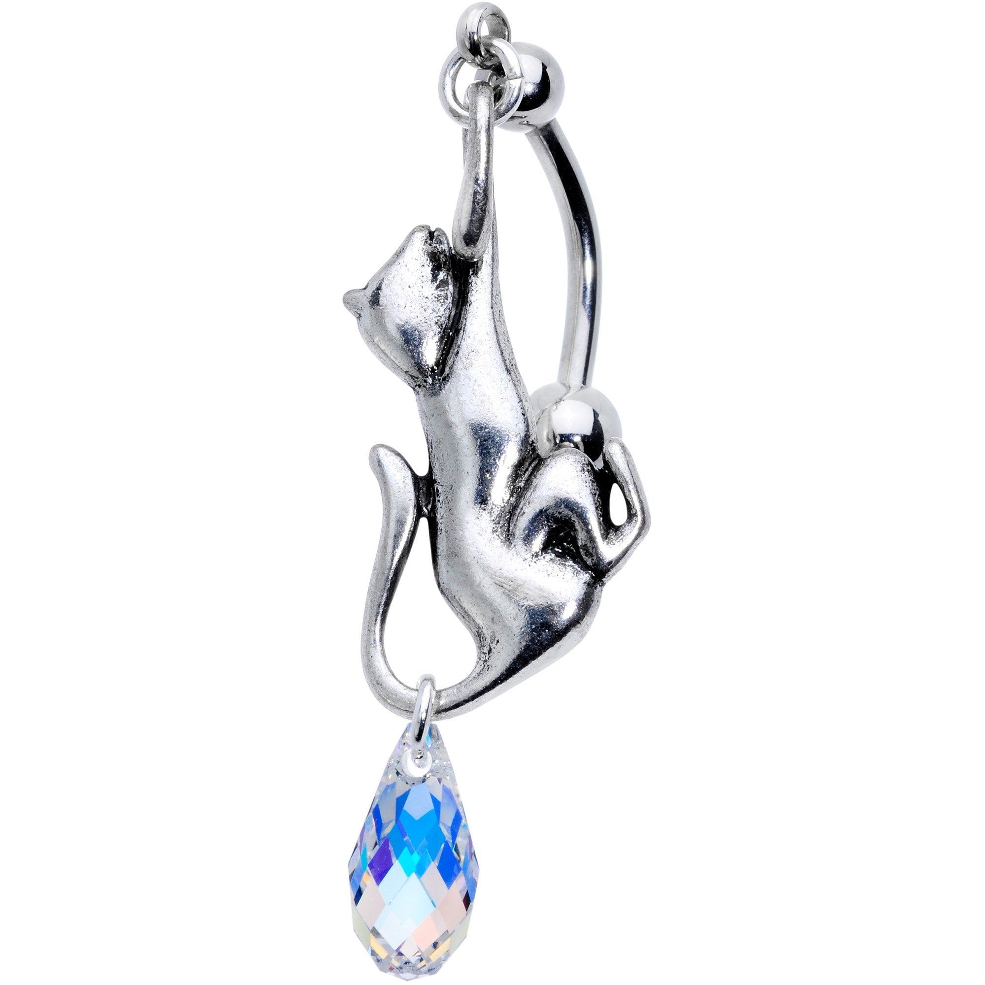 Aurora Gem Kitty Cat Dangle Belly Ring Created with Crystals