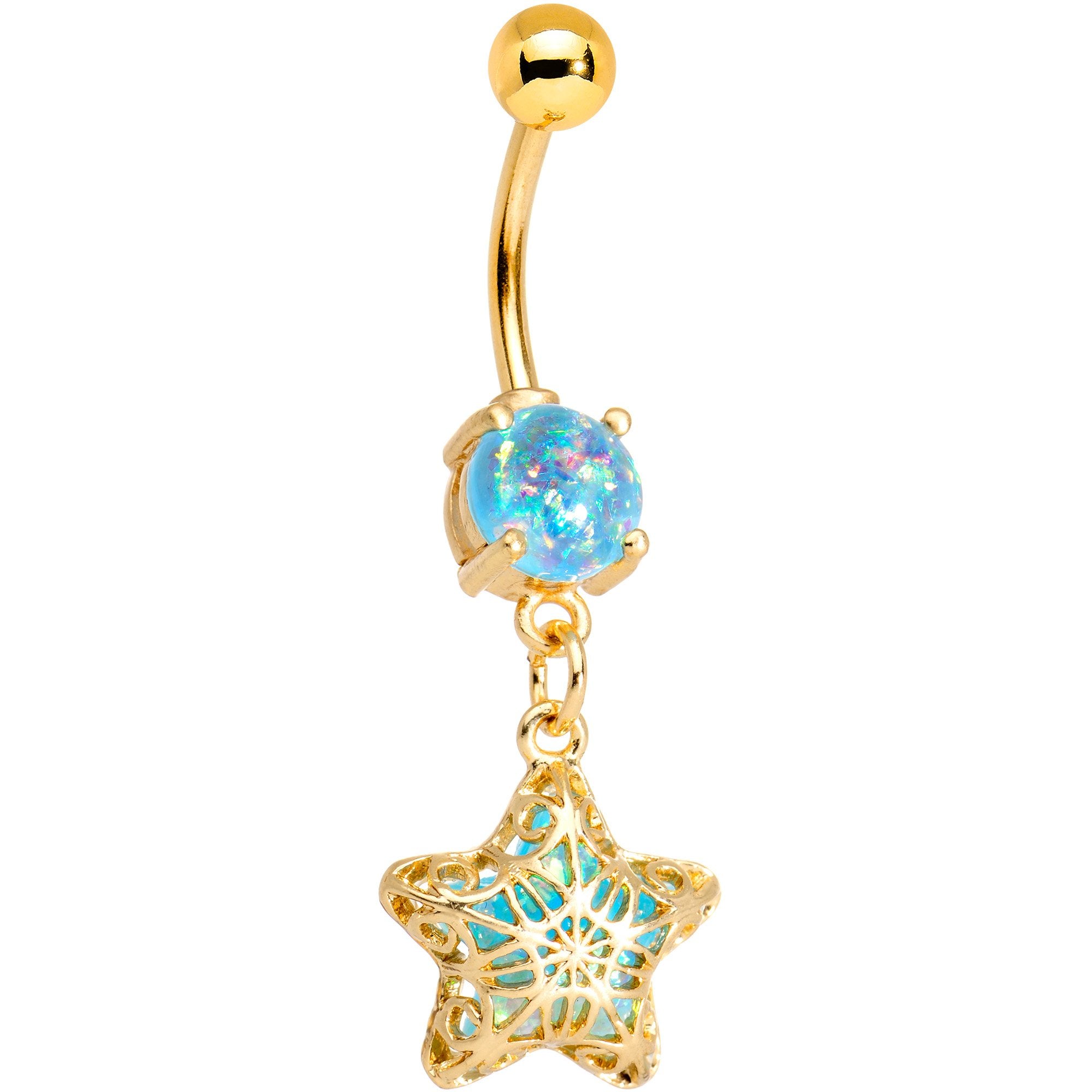 Aqua Faux Opal Gold Tone Anodized Captive Star Dangle Belly Ring
