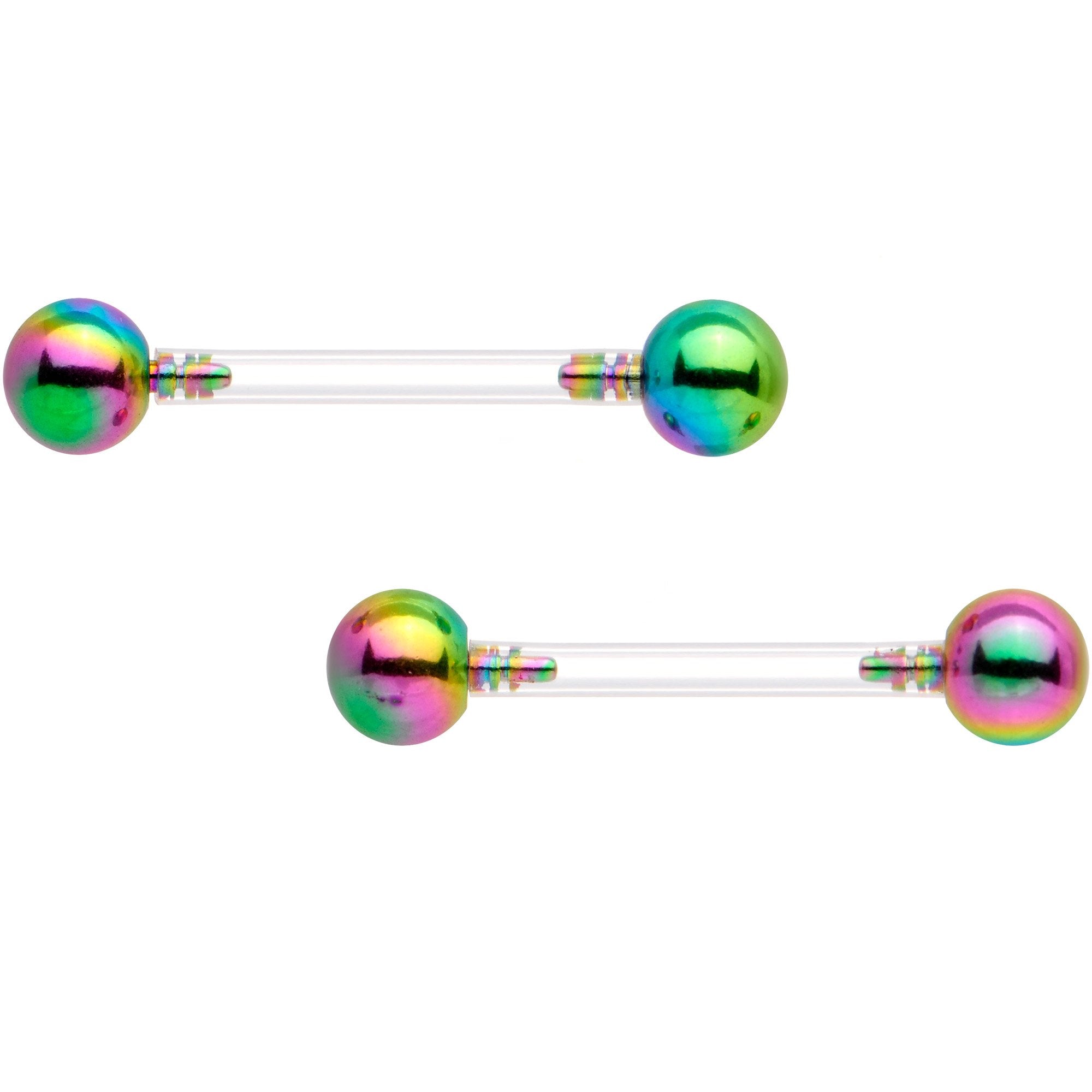 9/16 Clear Bioplast Barbell Rainbow Push In Ball Nipple Ring Set