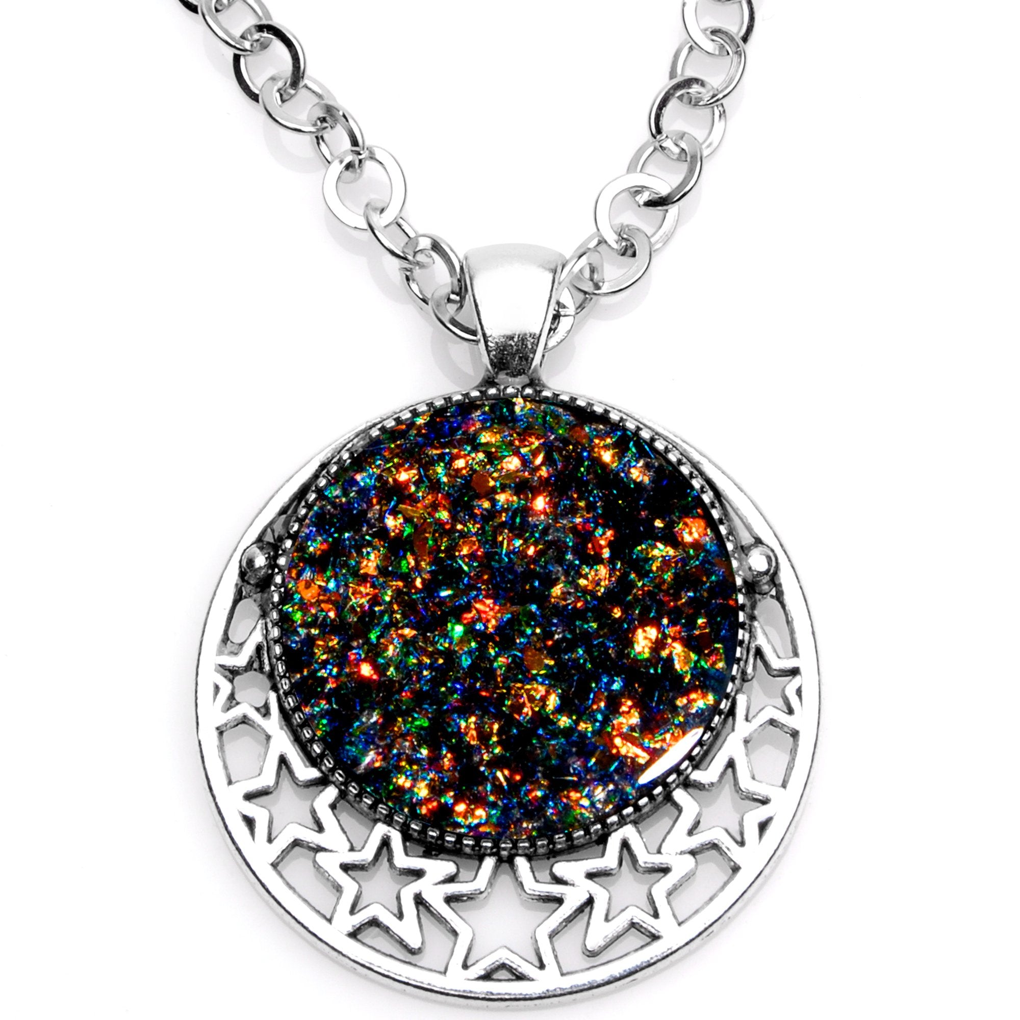 Handmade Black Faux Opal Starry Universe Silver Plated Chain Necklace