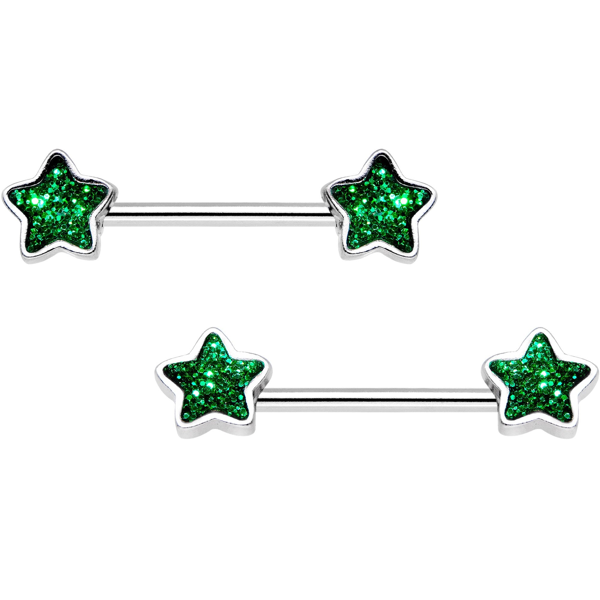 9/16 Green Gem Glitter Galaxy Star Barbell Nipple Ring Set