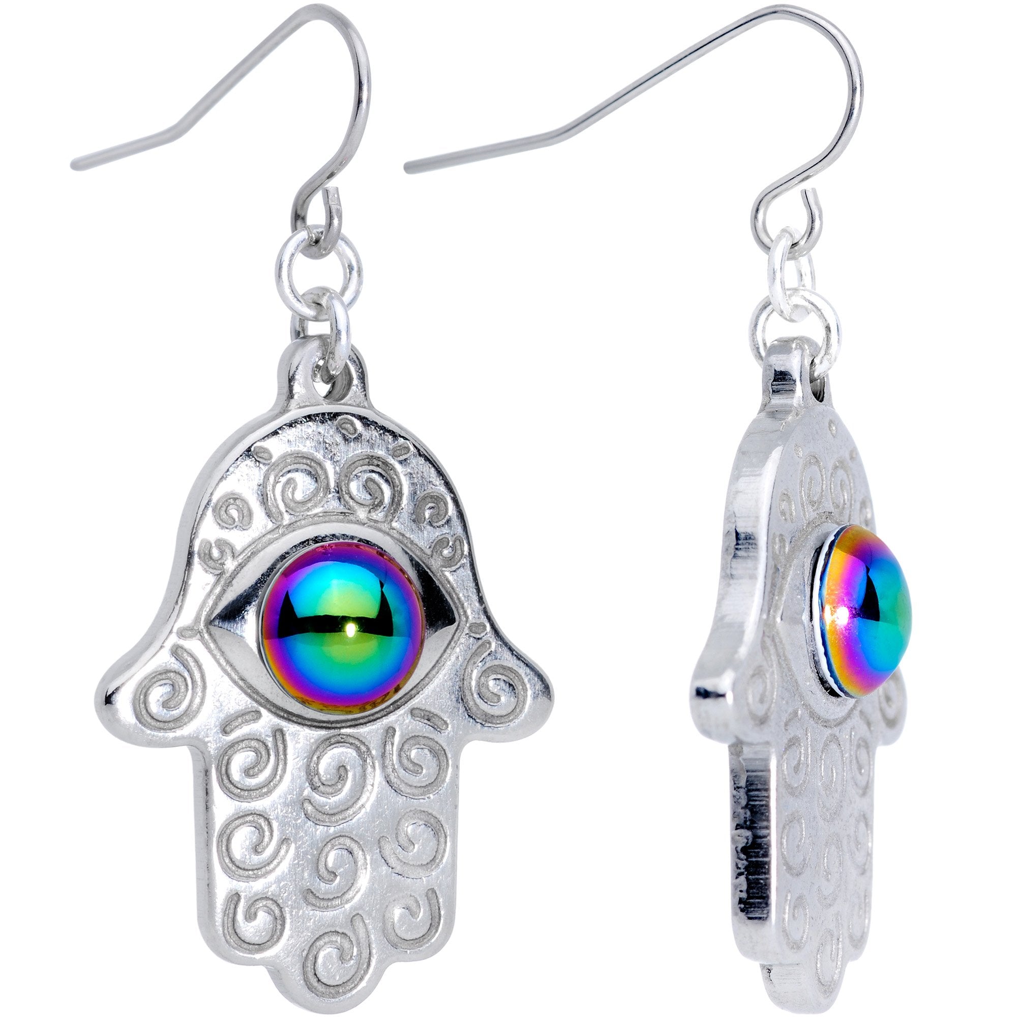 Silver Plated Hamsa Fishhook Earrings Created with Crystals