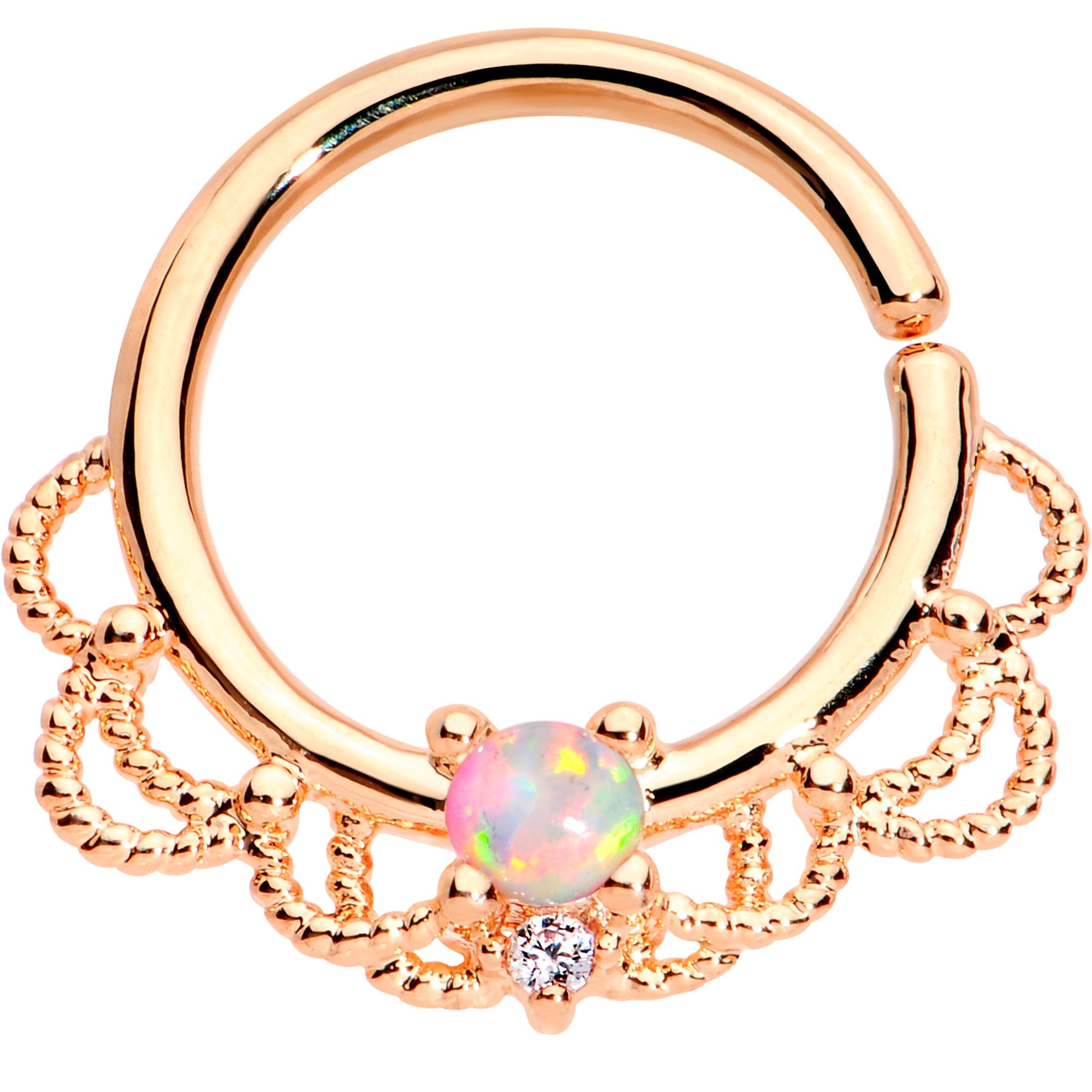 16 Gauge 5/16 White Faux Opal Rose Gold Plated Seamless Circular Ring