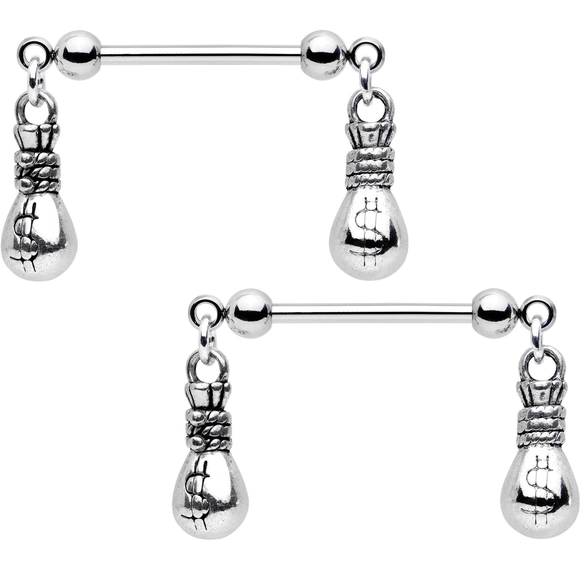 Handcrafted Money Bags Dangle Barbell Nipple Ring Set