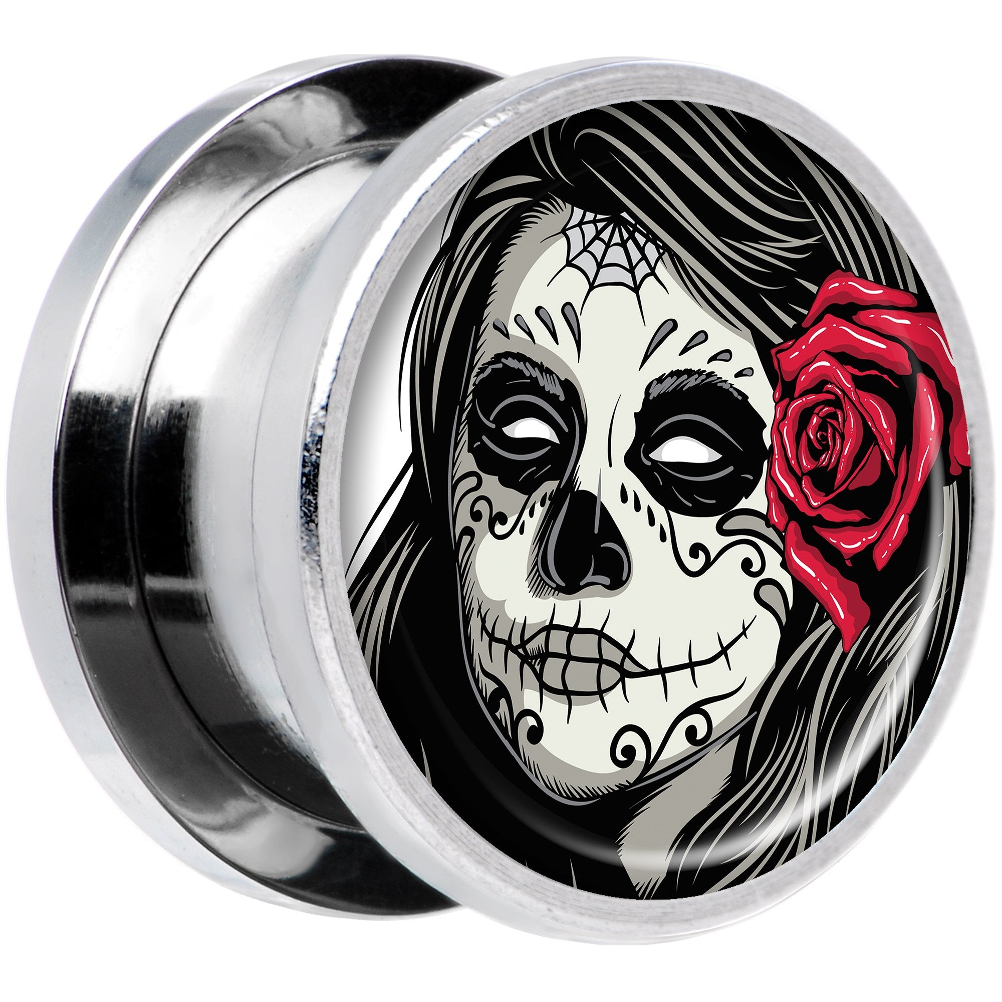 Katrina Sugar Skull with Rose Flower Steel Screw Fit Plug Set 9/16